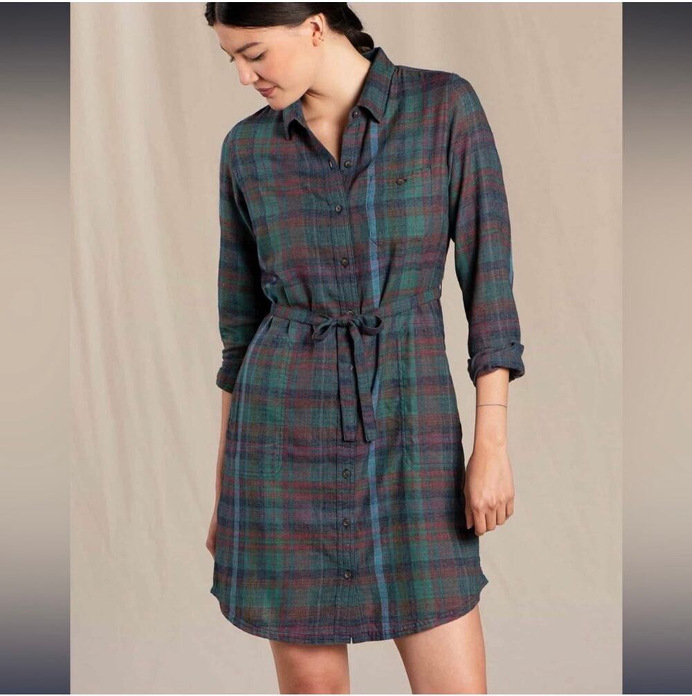 Toad&Co Dress Womens Small Green Multi Re-Form Flannel Shirtdress Plaid Collared